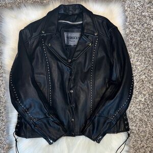 Unik Black Studded zip/button up lace up sides Leather Biker Jacket